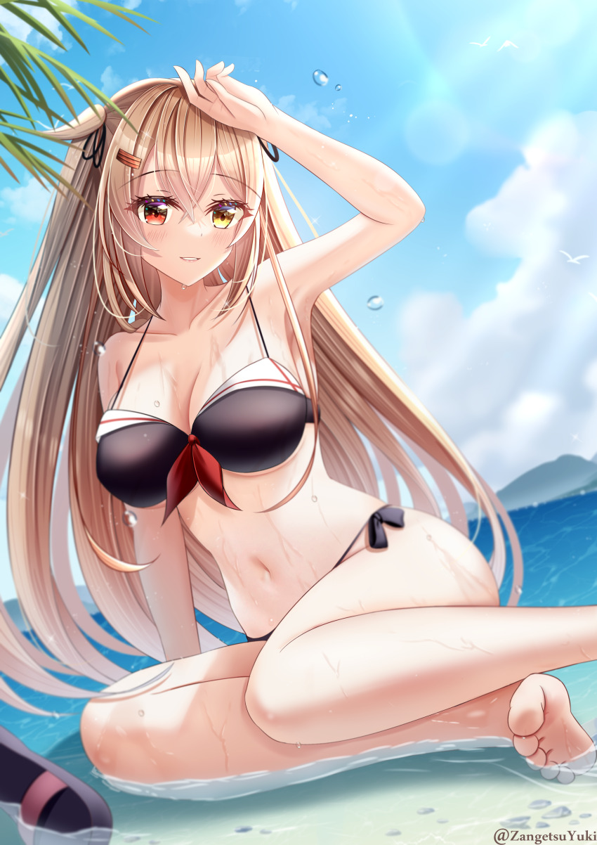 1girl absurdres adapted_costume barefoot bikini black_bikini blue_sky breasts brown_eyes brown_hair cloud day front-tie_bikini_top front-tie_top hair_flaps heterochromia highres kantai_collection large_breasts long_hair murasame_(kancolle) murasame_(swimsuit)_(kancolle) murasame_kai_ni_(kancolle) outdoors red_eyes sandals side-tie_bikini_bottom single_sandal sitting sky smile solo swimsuit two_side_up unworn_sandals yokozuwari zangetsu_yuki_yuki