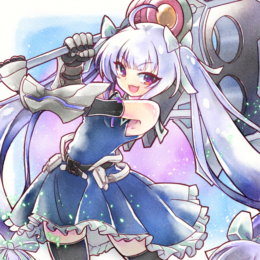 1girl :3 :d ahoge arm_up assault_lily bare_shoulders belt belt_buckle black_belt black_thighhighs blue_background border bow buckle commentary_request cowboy_shot detached_sleeves digamma dress frilled_dress frills gauntlets gradient_background grey_hair hair_bow hand_up highres holding holding_weapon huge_weapon light_particles long_hair miriam_hildegard_von_gropius neck_ribbon official_alternate_costume open_mouth outside_border outstretched_arm over_shoulder purple_background purple_bow purple_eyes purple_ribbon ribbon sleeve_bow sleeveless sleeveless_dress smile solo standing thighhighs twintails two-handed v-shaped_eyebrows vambraces very_long_hair weapon weapon_over_shoulder white_background white_border white_bow white_dress zettai_ryouiki