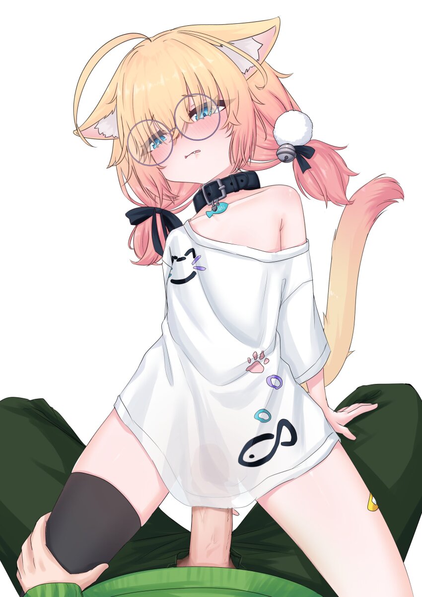 1boy 1girl absurdres ahoge animal_ear_fluff animal_ears asymmetrical_legwear bandaid bandaid_on_leg bell black_collar blonde_hair blue_eyes blush bottomless cat_ears cat_girl cat_tail collar eyebrows glasses gradient_hair hair_bell hair_ornament highres indie_virtual_youtuber loli low_twintails lying minikomew mismatched_legwear multicolored_hair open_mouth oversized_clothes oversized_shirt penis pink_hair pom_pom_(clothes) pom_pom_hair_ornament pov pov_hands ritspi see-through_clothes see-through_shirt shirt simple_background single_thighhigh straddling t-shirt tail thighhighs twintails vedal987 virtual_youtuber white_background white_shirt