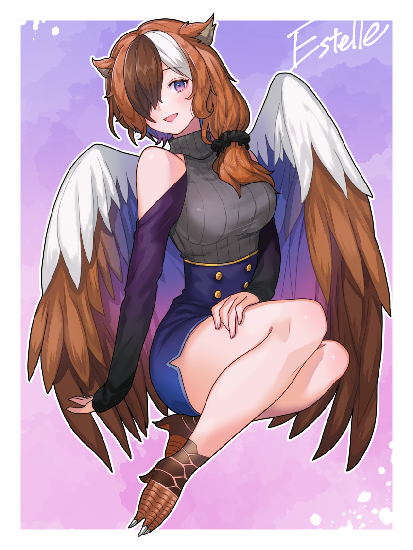 1girl absurdres animal_ears animal_feet bird_wings blue_skirt brown_hair brown_wings claws clothing_cutout estelle_(cieluscian) feathered_wings full_body gradient_background gradient_eyes grey_sweater hair_ornament hair_over_one_eye hair_over_shoulder hair_scrunchie harpy high-waist_skirt highres long_hair long_sleeves looking_at_viewer low_ponytail monster_girl multicolored_background multicolored_eyes multicolored_hair open_mouth original pink_background pink_eyes ponytail purple_background purple_eyes scrunchie second-party_source shoulder_cutout sitting skirt sleeveless sleeveless_sweater sleeves_past_wrists solo streaked_hair sweater tokitou_fuji turtleneck turtleneck_sweater white_hair wings