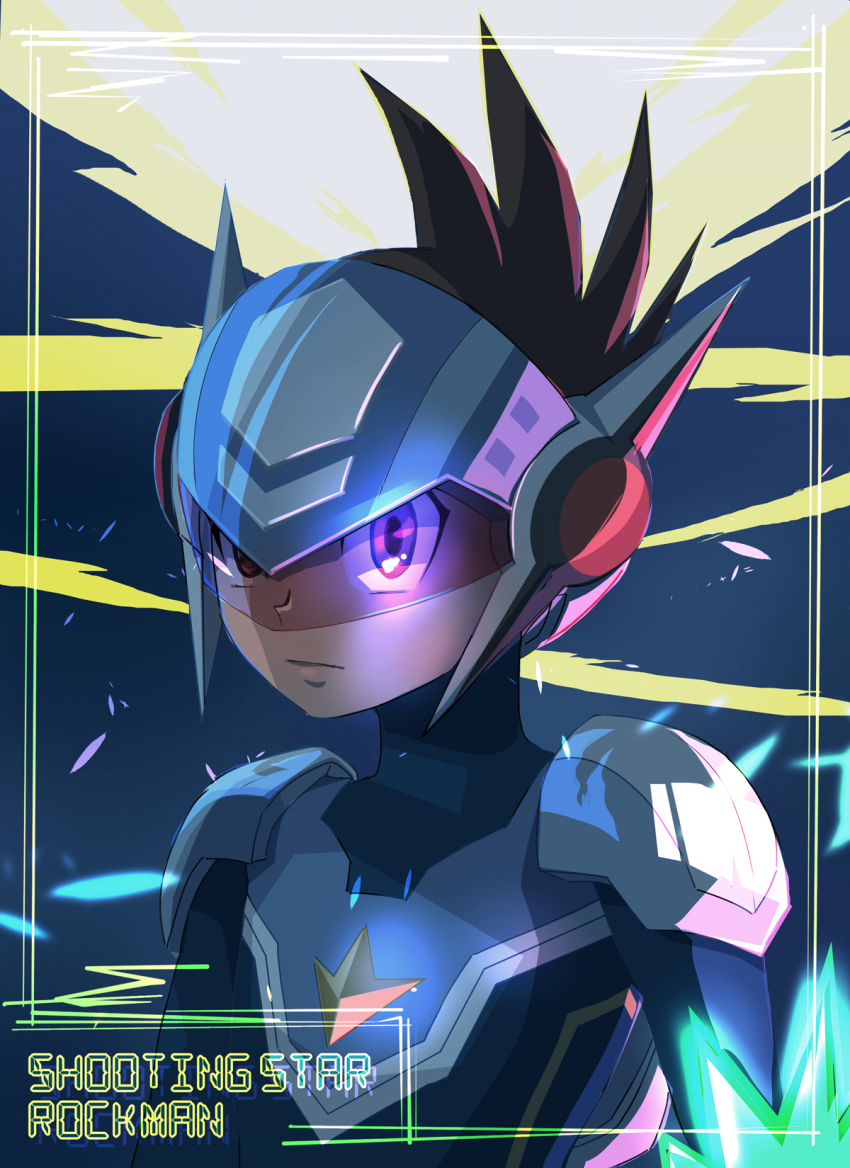 1boy armor assault_visor blue_bodysuit blue_helmet bodysuit brown_hair character_name copyright_name h2o_(gueguecamp) helmet highres male_focus medium_hair mega_man_(series) mega_man_star_force_(series) power_armor solo spiked_hair star_force_mega_man upper_body