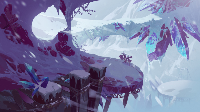 2girls angel arm_up bad_id bad_pixiv_id black_robe building crystal facing_away fantasy halo highres holding_hands ice long_hair long_sleeves multiple_girls original outdoors robe scenery short_hair snow snowing standing wangxiii white_hair wind