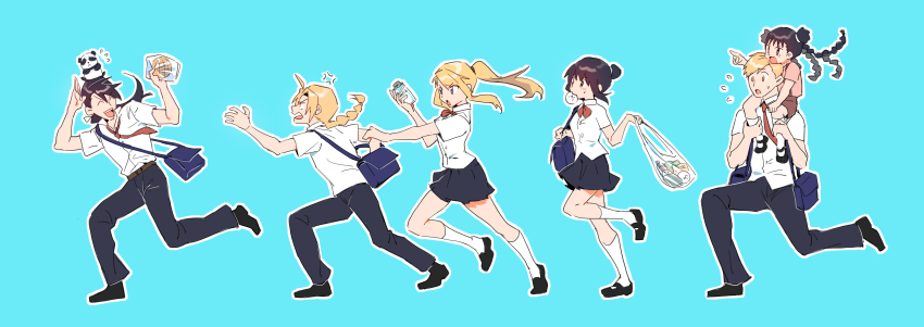 3boys 3girls absurdres alphonse_elric animal animal_on_head bag black_footwear black_hair black_pants black_skirt blue_background bottle bow braid braided_ponytail bread carrying chasing collared_shirt contemporary double_bun dress_shirt edward_elric flying_sweatdrops food from_side full_body fullmetal_alchemist hair_bun hands_up highres holding holding_bottle holding_food kneehighs lan_fan ling_yao lingzi_sang loafers long_hair looking_at_another looking_away low_ponytail may_chang melon_bread milk milk_bottle miniskirt multiple_boys multiple_braids multiple_girls necktie olivier_mira_armstrong on_head outline outstretched_arm panda pants plastic_bag pleated_skirt pointing pointing_at_another ponytail reaching red_bow red_necktie running salute school_bag school_uniform shirt shirt_tucked_in shoes short_sleeves shoulder_bag shoulder_carry sidelocks single_braid skirt socks tears untucked_shirt updo white_legwear white_outline white_shirt winry_rockbell xiao-mei