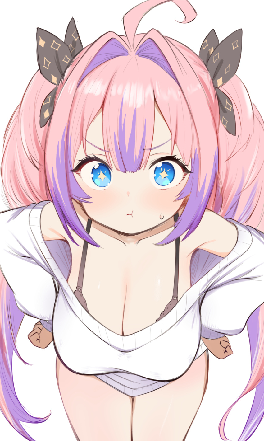 1girl ahoge black_bra blue_eyes bra breasts cleavage hair_intakes hands_on_own_hips highres hololive hololive_dev_is kani_bonara kikirara_vivi large_breasts leaning_forward long_hair looking_at_viewer no_pants off_shoulder pink_hair pout ribbon solo sweater thighs twintails underwear virtual_youtuber white_sweater