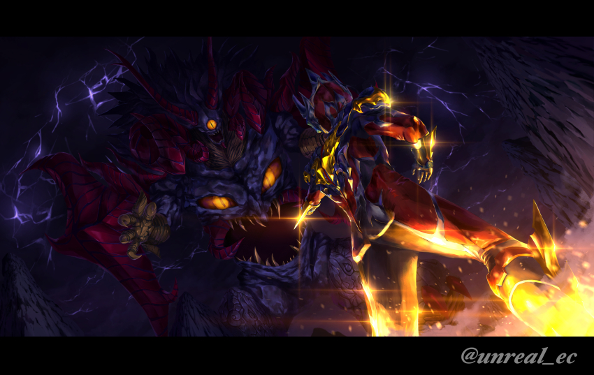 1boy absurdres armor artist_name black_skin colored_skin commentary_request fighting_stance from_behind glowing glowing_eyes glowing_feet gold_armor gold_trim grimdo highres horns kaiju letterboxed male_focus monster night open_mouth outdoors purple_skin red_horns red_skin shining silver_skin stomach_mouth thunder tokusatsu tsuburaya_productions ultra_series ultraman_reiga ultraman_taiga_(series) unreal_es