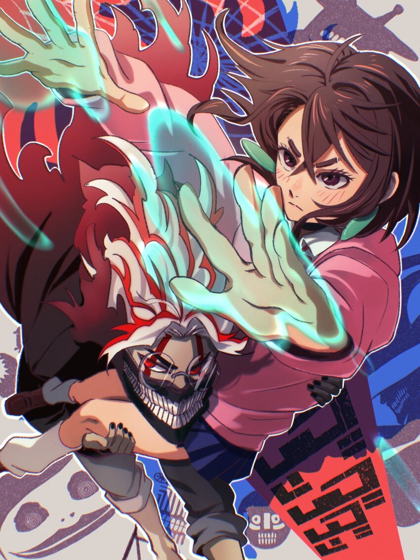 1boy 1girl alternate_form ayase_momo brown_hair dandadan earrings facial_mark glasses highres jewelry mask mouth_mask nfcqt6nhgv38320 psychic red_eyes takakura_ken_(dandadan) transformation white_hair