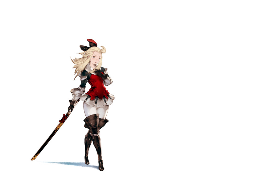 1girl absurdres ahoge armor armored_dress black_boots black_bow black_gloves blonde_hair blue_eyes blush boots bow bravely_default:_flying_fairy bravely_default_(series) closed_mouth crossed_legs dress edea_lee faulds full_body gauntlets gloves hair_bow hand_on_own_chest highres holding holding_sword holding_weapon katana light_smile long_hair official_art pantyhose protected_link psd_available red_dress second-party_source sheath sheathed simple_background solo standing sword thigh_boots transparent_background watson_cross weapon white_pantyhose yoshida_akihiko