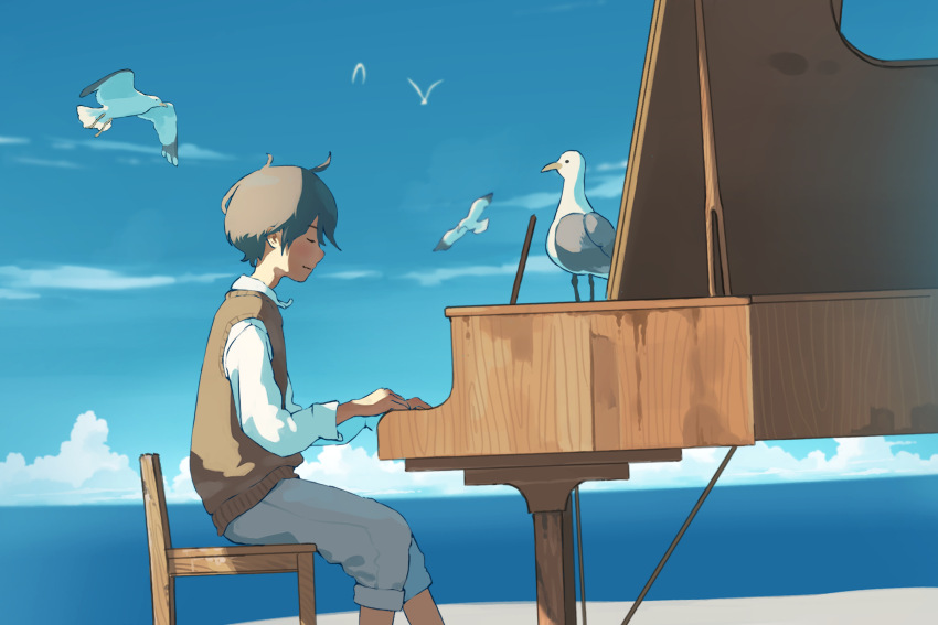 1boy bird black_hair blue_sky brown_sweater_vest cloud day from_side grey_pants highres instrument male_focus music original outdoors pants piano playing_instrument playing_piano seagull shirt sky solo sweater_vest taizo_(taizo_03) white_shirt