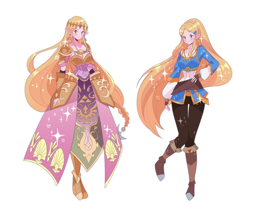 1girl armor blonde_hair blue_eyes boots dress dual_persona gold_trim green_eyes hair_ornament highres hyrule_warriors jewelry long_hair looking_at_viewer meowwniz nintendo open_mouth pointy_ears princess_zelda smile the_legend_of_zelda the_legend_of_zelda:_breath_of_the_wild thighhighs triforce_print very_long_hair