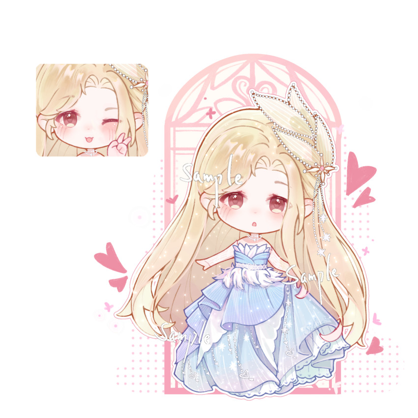 1girl :o ayayayai bare_shoulders beads blonde_hair blue_dress bridal_gauntlets brown_eyes chibi chinese_commentary commentary_request dot_nose dress expressionless eyelashes fairytale_swan_(infinity_nikki) feather-trimmed_dress feather_hair_ornament feathers frilled_dress frills gown hair_beads hair_ornament halftone happy heart highres infinity_nikki jewelry lace_bridal_gauntlets light_blush light_particles long_dress long_hair long_sidelocks looking_at_viewer necklace nikki_(series) official_alternate_color one_eye_closed open_mouth outline parted_bangs procreate_(medium) sample_watermark sidelocks skirt_hold smile stained_glass standing strapless strapless_dress striped_clothes striped_dress v vertical-striped_clothes vertical-striped_dress very_long_hair watermark white_background white_bridal_gauntlets white_outline