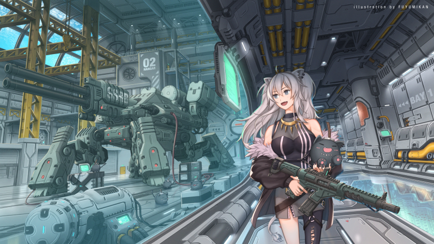 1girl ahoge animal_ear_piercing animal_ears artist_name assault_rifle breasts cable cannon cleavage commentary_request cowboy_shot crane_(machine) english_text grey_eyes grey_hair gun highres holding holding_weapon hololive indoors large_breasts lion_ears lion_girl lion_tail long_hair mecha monitor nagi_itsuki official_alternate_hairstyle rifle robot scenery science_fiction shishiro_botan shishiro_botan_(1st_costume) sidelocks skirt smile ssrb_(shishiro_botan) tail virtual_youtuber walker_(robot) weapon wide_shot