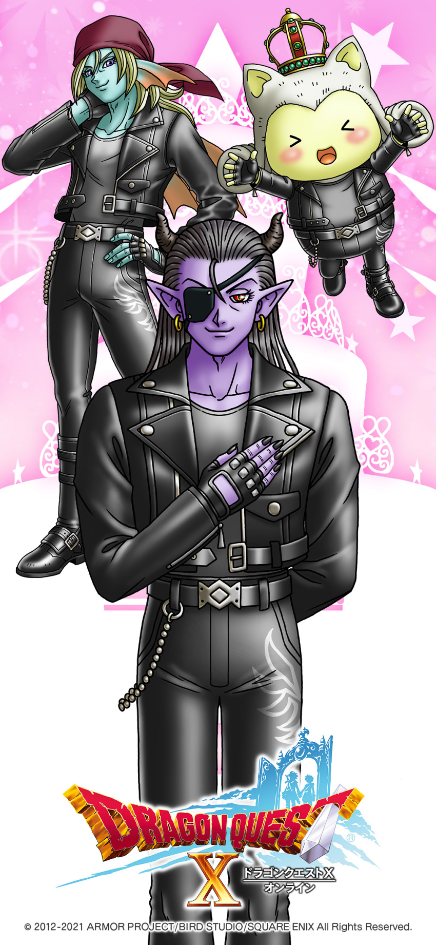 &gt;_&lt; 3boys absurdres animal_ears arm_behind_back artist_request bandana black_footwear black_gloves black_hair black_horns black_jacket black_nails black_pants blonde_hair blue_skin boots collarbone colored_skin copyright_logo crown demon_boy dragon_quest dragon_quest_x earrings eyepatch fingerless_gloves fingernails fins fish_boy gloves gold_earrings grey_shirt hair_slicked_back hand_on_own_chest hand_on_own_hip hand_on_own_neck head_fins highres hoop_earrings horns hyuuza_(dq10) jacket jewelry leather leather_jacket leather_pants long_hair looking_at_viewer male_focus medium_hair multiple_boys najinn_(dragon_quest) official_alternate_costume official_art official_wallpaper open_hands open_mouth pants pointy_ears prince_laguas purple_eyes purple_skin red_bandana red_eyes sharp_fingernails shirt smile third-party_source white_hair yellow_skin