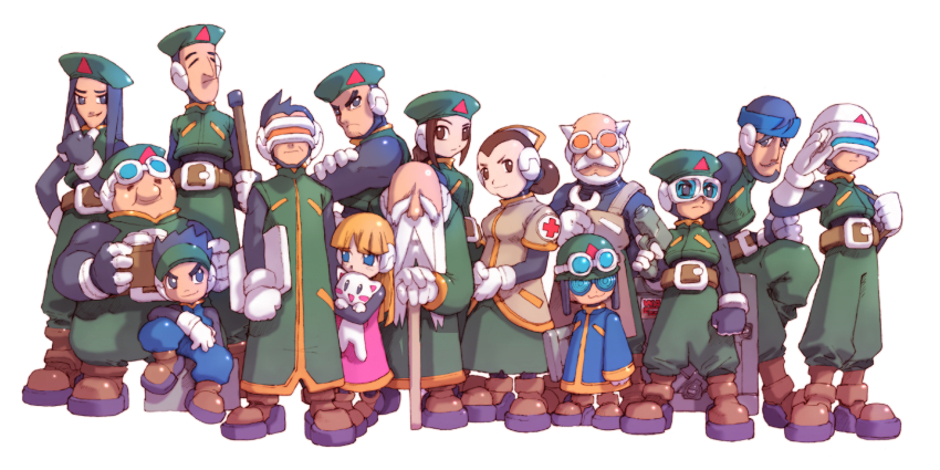 3girls 6+boys alouette_(mega_man) andrew_(mega_man) autruche_(mega_man) bald black_bodysuit black_hair blonde_hair bodysuit bodysuit_under_clothes brown_eyes brown_hair cerveau_(mega_man) coat crossed_arms dande_(mega_man) doigt_(mega_man) faucon_(mega_man) green_coat green_jacket green_pants hat helmet hibou_(mega_man) highres hirondelle_(mega_man) holding holding_wrench jacket long_hair mega_man_(series) mega_man_zero_(series) menart_(mega_man) multiple_boys multiple_girls nakayama_tooru nurse nurse_cap pants perroquiet_(mega_man) pic_(mega_man) rocinolle_(mega_man) salute spiked_hair stuffed_toy third-party_source unnamed_female_soldier_(mega_man_zero) wrench