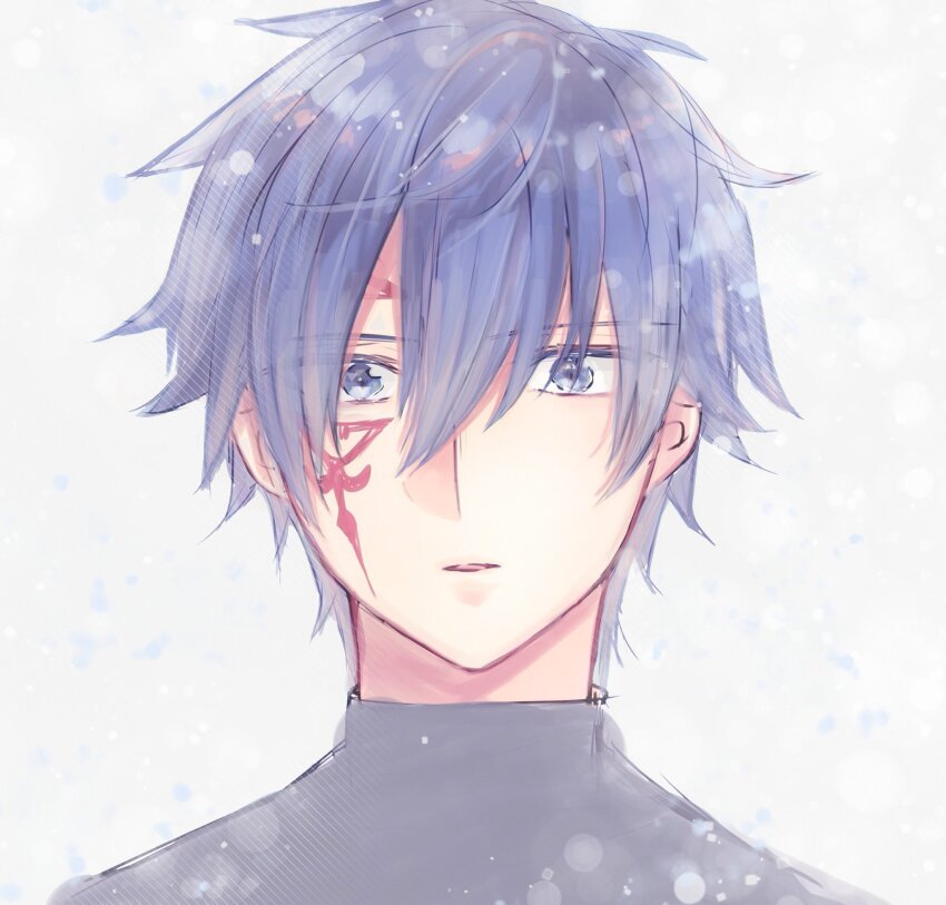 1boy blue_eyes blue_hair facial_tattoo fairy_tail highres jellal_fernandes looking_at_viewer portrait puuyan short_hair solo tattoo white_background