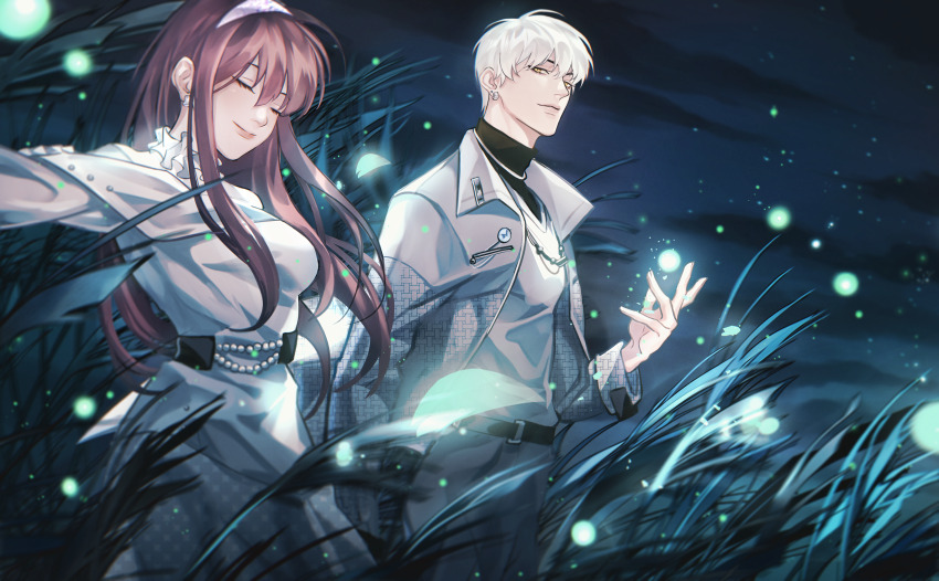 1boy 1girl absurdres belt brown_hair closed_eyes dress earrings fireflies grass hairband highres jacket jewelry light_and_night_love long_hair long_sleeves night night_sky outdoors protagonist_(light_and_night_love) qi_sili short_hair sky smile white_dress white_hair yellow_eyes zhuowang233