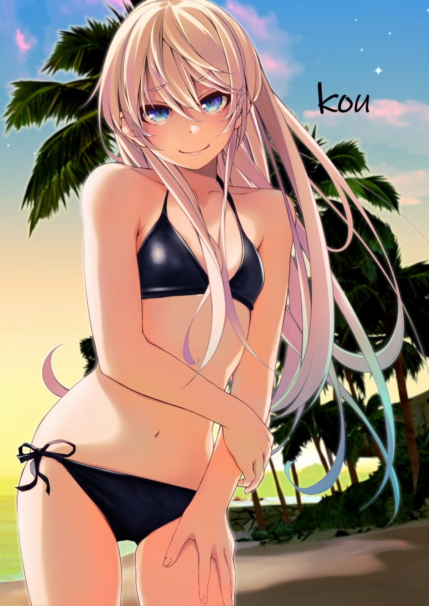 1girl beach bikini black_bikini blonde_hair blue_eyes blue_sky breasts chuutaro_metal cloud commentary_request cowboy_shot day hand_on_own_thigh highres long_hair looking_at_viewer lowleg lowleg_bikini new_game! outdoors palm_tree side-tie_bikini_bottom sky small_breasts solo sunrise swimsuit tree yagami_kou