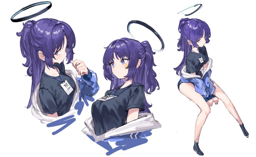 1girl absurdres between_legs black_footwear black_halo black_shirt blue_archive blue_buruma blue_eyes blue_hair blue_jacket breasts buruma full_body gym_shirt hair_intakes halo hand_between_legs highres invisible_chair jacket large_breasts long_sleeves looking_ahead looking_to_the_side mechanical_halo multiple_views off_shoulder official_alternate_costume official_alternate_hairstyle parted_bangs ponytail puffy_long_sleeves puffy_sleeves scarlet23i0 shirt sideways_glance simple_background sitting thighs track_jacket white_background yuuka_(blue_archive) yuuka_(track)_(blue_archive)