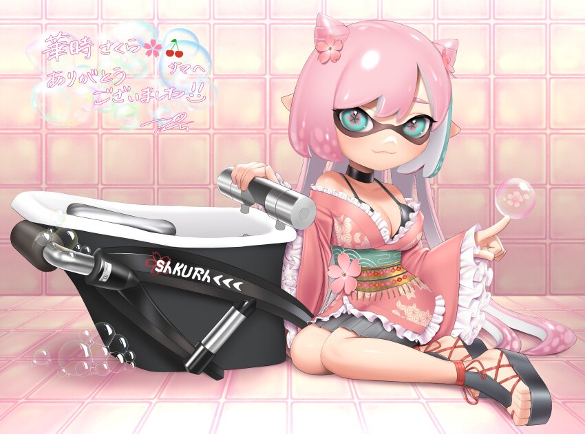 1girl :3 absurdres alternate_species bare_shoulders black_bra black_choker black_sandals bloblobber_(splatoon) blue_eyes blue_hair bra breasts bubble cherry_blossoms choker cleavage closed_mouth collarbone commentary_request commission cone_hair_bun feet flower flower-shaped_pupils frilled_kimono frilled_sleeves frills full_body grey_skirt hair_bun hair_flower hair_ornament hanatoki_sakura highres holding holding_weapon indie_virtual_youtuber inkling japanese_clothes kimono long_hair long_sleeves looking_at_viewer multicolored_hair nintendo pink_flower pink_hair pink_kimono pink_pupils pleated_skirt pointy_ears print_kimono puchiman sandals second-party_source short_kimono signature sitting skirt smile solo splatoon_(series) swept_bangs symbol-shaped_pupils tentacle_hair toes two-tone_hair underwear very_long_hair virtual_youtuber weapon wide_sleeves yokozuwari