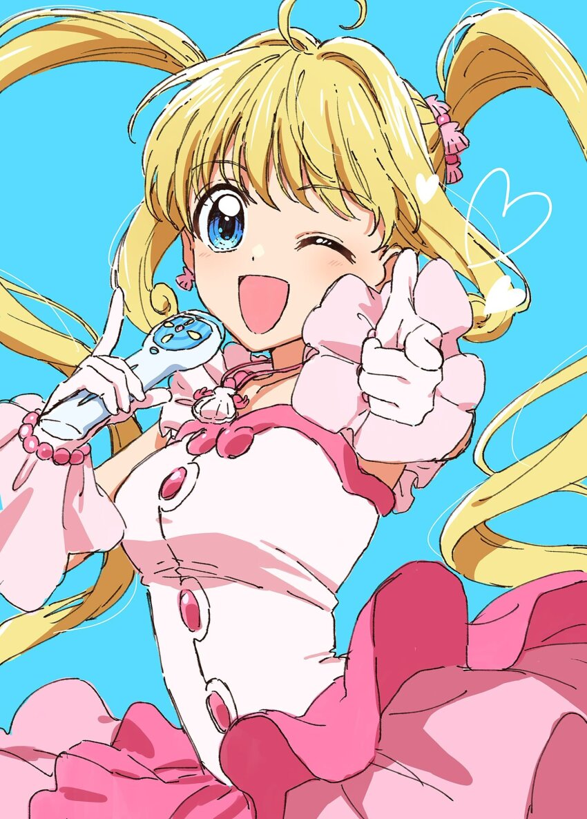 1girl ;d ahoge blonde_hair blue_background blue_eyes dress earrings frilled_dress frills highres holding holding_microphone jewelry long_hair looking_at_viewer mermaid_melody_pichi_pichi_pitch microphone nanami_lucia nanami_lucia_(idol) necklace one_eye_closed open_mouth pink_dress pointing pointing_at_viewer shell shell_earrings shell_hair_ornament smile twintails yufu_kyouko