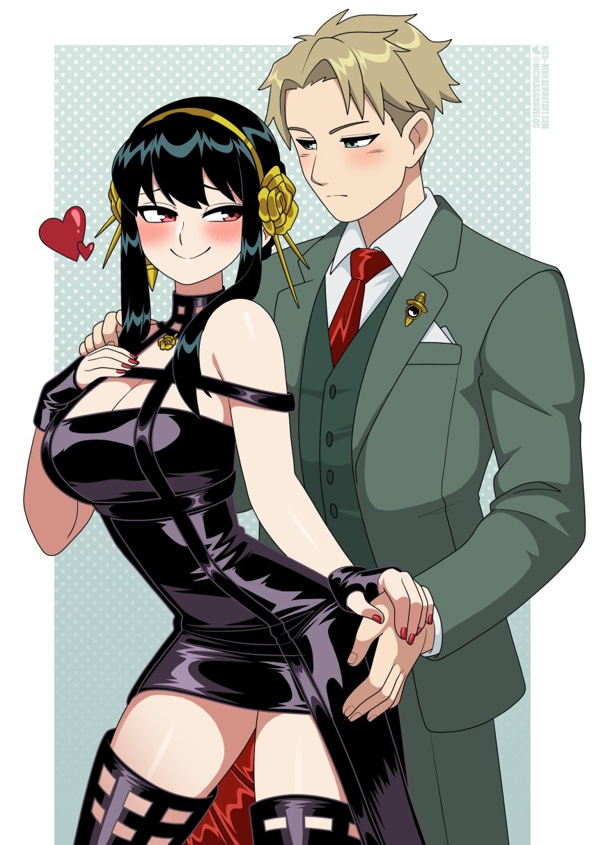 1boy 1girl absurdres bare_shoulders black_dress black_hair blonde_hair blush breasts cleavage commentary dress earrings english_commentary gloves gold_earrings gold_hairband hair_ornament hairband highres husband_and_wife jewelry large_breasts long_hair long_sleeves nico-neko red_eyes shirt short_hair sidelocks smile spy_x_family twilight_(spy_x_family) yor_briar