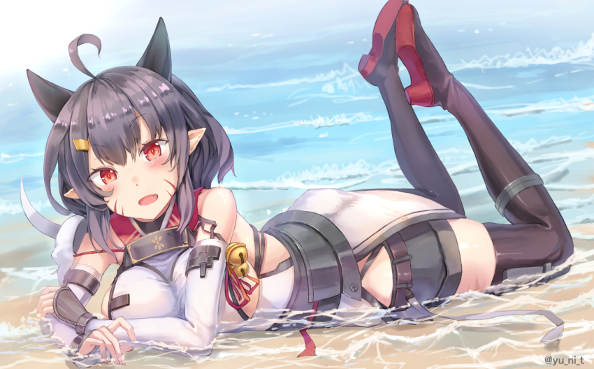 1girl abukuma_(azur_lane) abukuma_(retrofit)_(azur_lane) ahoge azur_lane bad_id bad_pixiv_id bare_shoulders bell black_hair black_thighhighs blush breasts bridal_gauntlets commentary_request day facial_mark fang female_focus fingerless_gloves gloves grey_shorts hair_ornament hairclip horns jingle_bell large_breasts long_hair looking_at_viewer lying on_stomach oni_horns open_mouth outdoors pointy_ears red_eyes red_ribbon remodel_(azur_lane) ribbon short_shorts shorts sideboob sky smile solo tabi thighhighs twitter_username water yu_ni_t