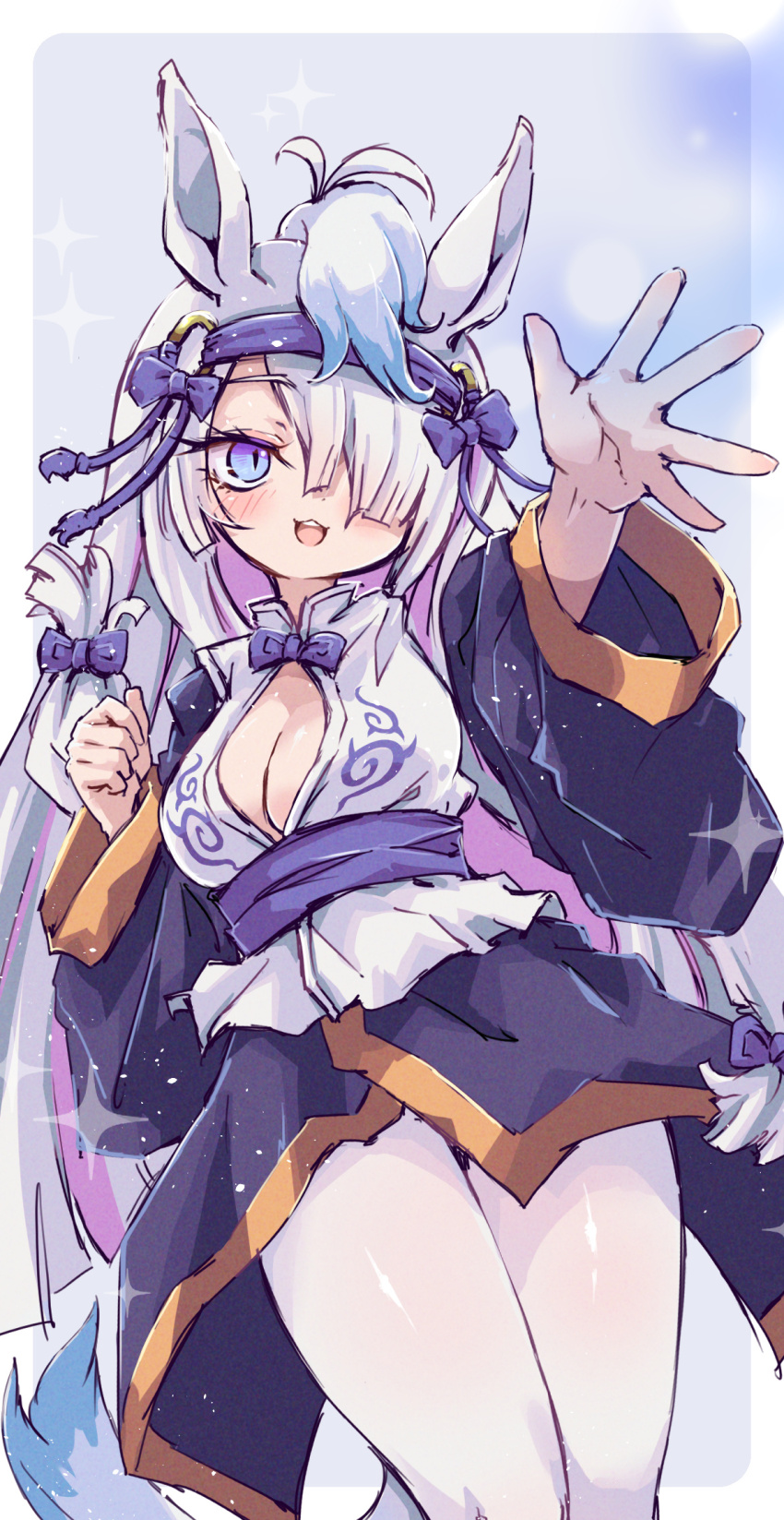 1girl :3 animal_ears blue_eyes blue_hair blush bow bowtie collared_shirt cowboy_shot gyokuryu_(kemono_friends) hair_bow hair_over_one_eye hairband headgear highres horse_ears horse_girl horse_tail japanese_clothes kemono_friends kimono kolshica long_hair long_sleeves multicolored_hair open_mouth orange_trim pantyhose purple_bow purple_bowtie purple_hairband purple_kimono shirt sidelocks solo tail white_hair white_pantyhose white_shirt