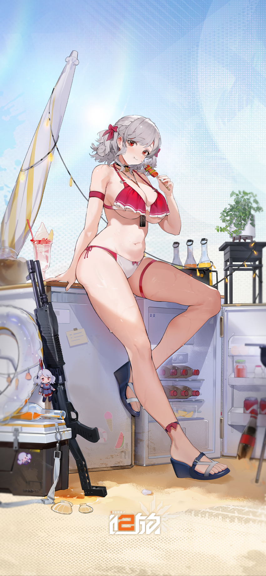 1girl arm_strap beach_umbrella bell bikini blush bottle bow braid breasts can character_doll chewing chinese_commentary cleavage closed_mouth cocktail commentary_request copyright_name drink_can dual-mode_shotgun eating food food_on_face full_body girls&#039;_frontline girls&#039;_frontline_2:_exilium grey_hair gun hair_bow half_up_braid highres holding holding_skewer innertube jewelry large_breasts leg_up logo looking_at_viewer multicolored_bikini navel neck_bell necklace official_alternate_costume official_art plant platform_footwear pump-action_shotgun pump_action red_bikini red_bow red_eyes refrigerator sabrina_(girls&#039;_frontline_2) sabrina_(strawberry_zabaione)_(girls&#039;_frontline_2) sand seashell semi-automatic_shotgun shell shotgun side-tie_bikini_bottom skewer skindentation soda_can solo spas-12 spas-12_(girls&#039;_frontline) stomach swim_ring swimsuit table thigh_strap toeless_footwear two-tone_bikini umbrella weapon white_bikini