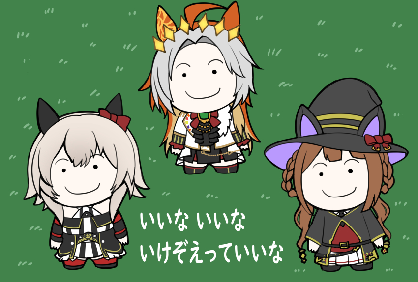 3girls absurdres ahoge animal_ears aramori_susumu black_headwear black_robe bow brown_hair chibi curren_chan_(umamusume) dress ear_bow ear_covers grey_hair hair_intakes hair_rings hat highres horse_ears horse_girl ikezoe_ken&#039;ichi long_hair looking_at_viewer manga_nippon_mukashi_banashi miniskirt multicolored_hair multiple_girls ningen_tte_iina off-shoulder_jacket off_shoulder orange_hair orfevre_(umamusume) pleated_skirt red_bow robe short_hair single_ear_cover skirt smile striped_clothes striped_dress sweep_tosho_(umamusume) twintails two-tone_hair umamusume vertical-striped_clothes vertical-striped_dress white_hair white_skirt witch_hat