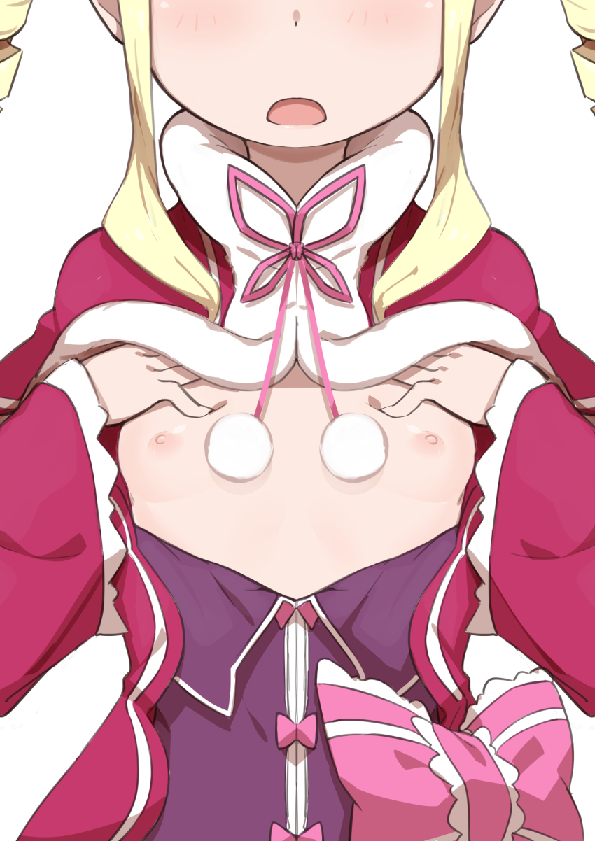 1girl beatrice_(re:zero) blonde_hair blush breasts breasts_out capelet cleavage commentary_request dress drill_hair facing_viewer female_focus flat_chest hands_on_own_chest head_out_of_frame highres lifting_own_clothes loli long_hair long_sleeves morisobo nipples open_mouth re:zero_kara_hajimeru_isekai_seikatsu red_dress sidelocks small_breasts solo twin_drills wide_sleeves