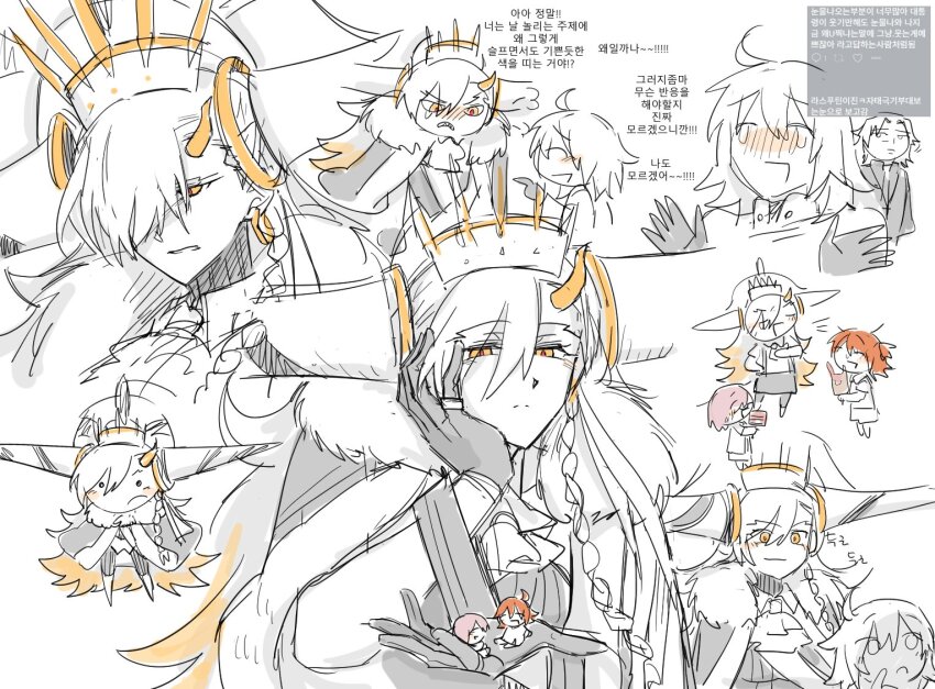 1boy 3girls ahoge angry arms_behind_back black_gloves blush braid cape chibi closed_mouth earrings fate/grand_order fate_(series) fujimaru_ritsuka_(female) fujimaru_ritsuka_(female)_(decisive_battle_chaldea_uniform) fur-trimmed_cape fur_trim gloves grigori_rasputin_(fate) hair_over_one_eye half-closed_eyes hat head_rest horns jewelry korean_text kotomine_kirei limited_palette long_hair mash_kyrielight mini_person minigirl multiple_girls olga_marie_animusphere one_eye_covered open_mouth orange_hair pink_hair ring side_ponytail single_horn size_difference translation_request u-olga_marie white_hat xs0z05wxzb52697 yellow_eyes yellow_horns