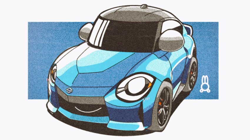 blue_car blush border car chibi grey_border highres looking_at_viewer motor_vehicle nissan nissan_fairlady_z nissan_z_(rz34) no_humans original outside_border retromirai shadow smile sports_car vehicle_focus white_eyes