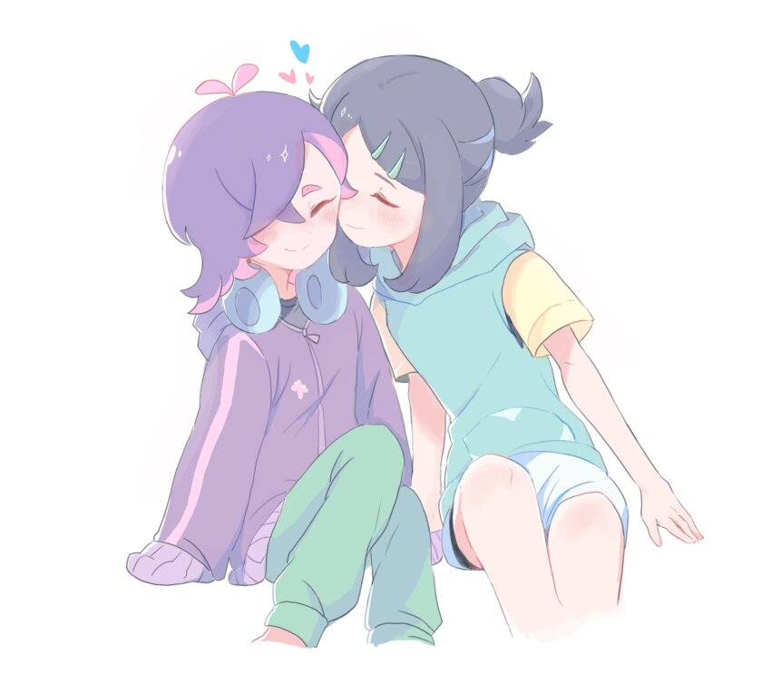 2girls black_hair blue_hoodie blush closed_eyes closed_mouth dot_(pokemon) green_pants hair_bun hair_ornament hair_over_one_eye hairclip headphones headphones_around_neck heads_together highres hood hood_down hoodie liko_(pokemon) long_sleeves multiple_girls ni12345670 nintendo nuzzle pants pink_hair pokemon pokemon_(anime) pokemon_horizons purple_hair purple_hoodie short_hair short_sleeves shorts sleeveless sleeveless_hoodie smile white_background white_shorts yuri