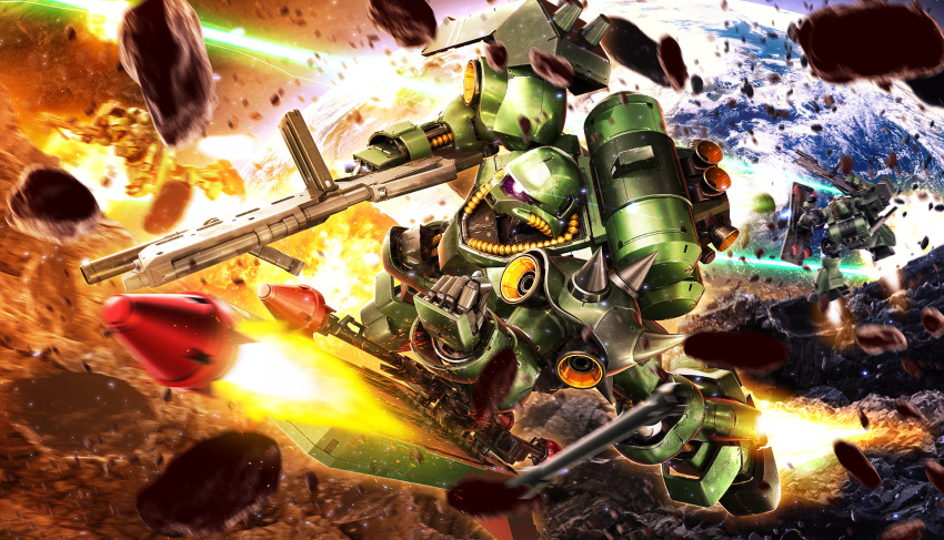 3d asteroid battle beam_rifle cable char&#039;s_counterattack cloud commentary_request debris energy_gun explosion firing geara_doga gundam highres hose igaraigara mecha mobile_suit no_humans one-eyed realistic robot rocket thrusters tube weapon