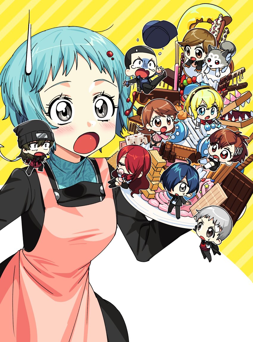5boys 5girls absurdres aigis_(persona) amada_ken apron aragaki_shinjirou beanie black_hair black_hat blonde_hair blue_hair blush brown_eyes brown_hair chocolate cup dog drinking food gekkoukan_high_school_uniform grey_hair hair_ornament hair_over_one_eye hairclip hat highres iori_junpei kirijou_mitsuru koromaru_(persona) long_sleeves macaron mini_person miniboy minigirl multiple_boys multiple_girls open_mouth persona persona_3 persona_3_portable plate red_hair sanada_akihiko school_uniform shiomi_kotone short_hair simple_background ssabdeog sweat sweatdrop takeba_yukari tears wafer_stick yamagishi_fuuka yuuki_makoto_(persona_3)