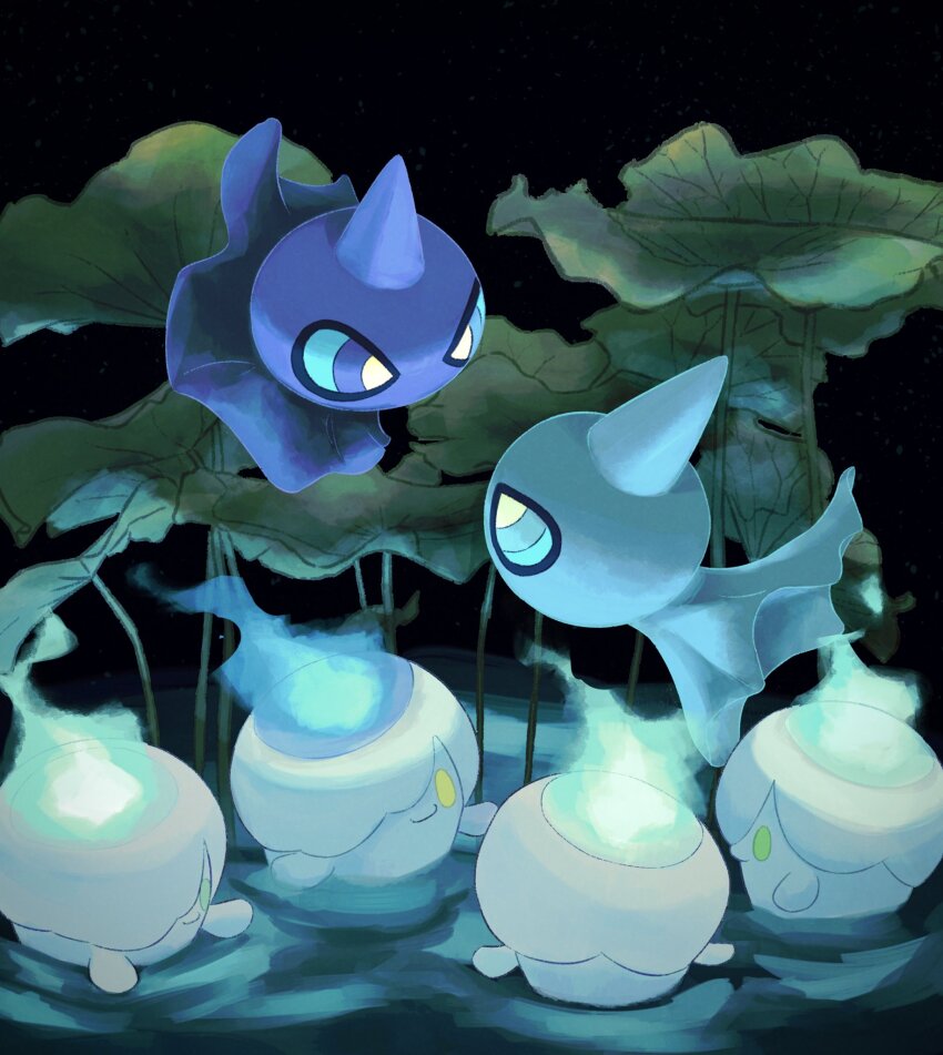 alternate_color fire fireblast gen_3_pokemon gen_5_pokemon green_eyes highres litwick looking_at_another nintendo no_humans partially_submerged plant pokemon pokemon_(creature) shiny_pokemon shuppet solid_oval_eyes yellow_eyes yellow_pupils