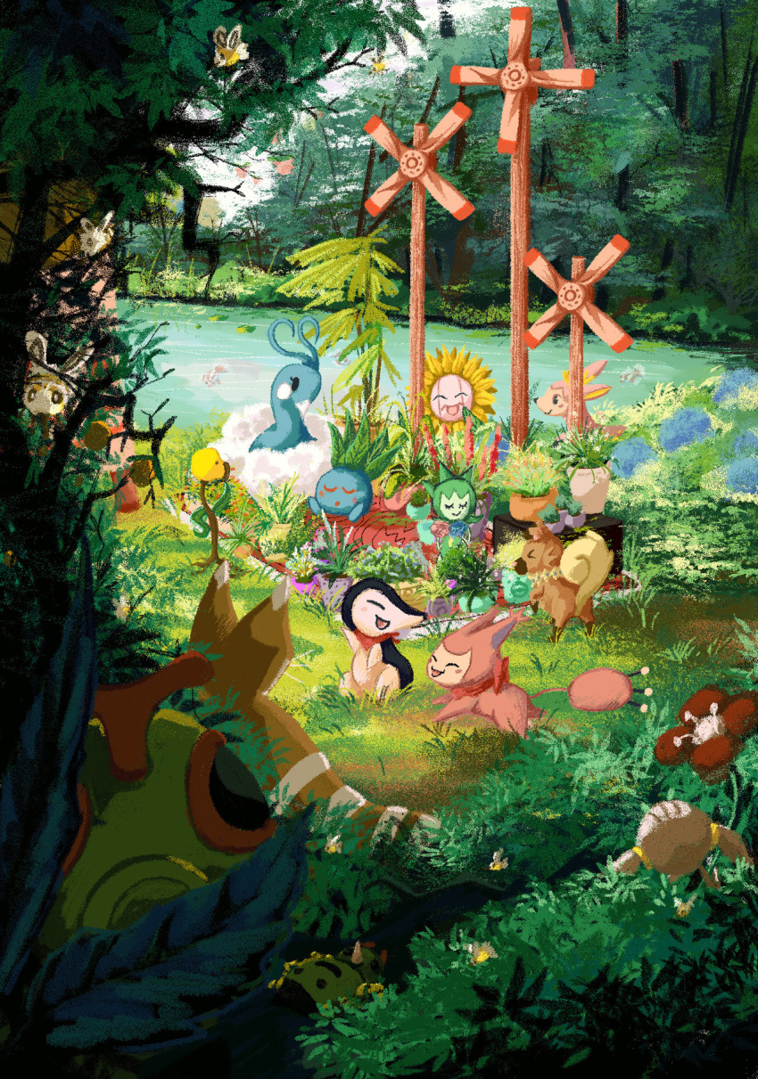 &gt;_&lt; :d ^_^ altaria bellsprout bird cat caterpie closed_eyes commentary creature cutiefly cyndaquil deerling deerling_(spring) dog english_commentary facing_another flying furret gen_1_pokemon gen_2_pokemon gen_3_pokemon gen_5_pokemon gen_7_pokemon grass happy highres looking_at_another nintendo no_humans oddish open_mouth outdoors plant pokemon pokemon_(creature) river rockruff roselia_(pokemon) seaquinn skitty smile spinarak sunflora tree water