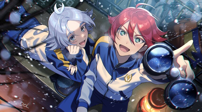 ball binoculars blue_eyes blue_pants dolustoy fubuki_shirou green_eyes grey_hair hand_on_own_cheek hand_on_own_face highres holding holding_binoculars inazuma_eleven_(series) inazuma_japan jacket kiyama_hiroto lamp light_blush looking_at_another looking_up lying on_stomach open_mouth pants pointing pointing_up red_hair snow snowing soccer_ball sportswear track_jacket track_pants track_suit