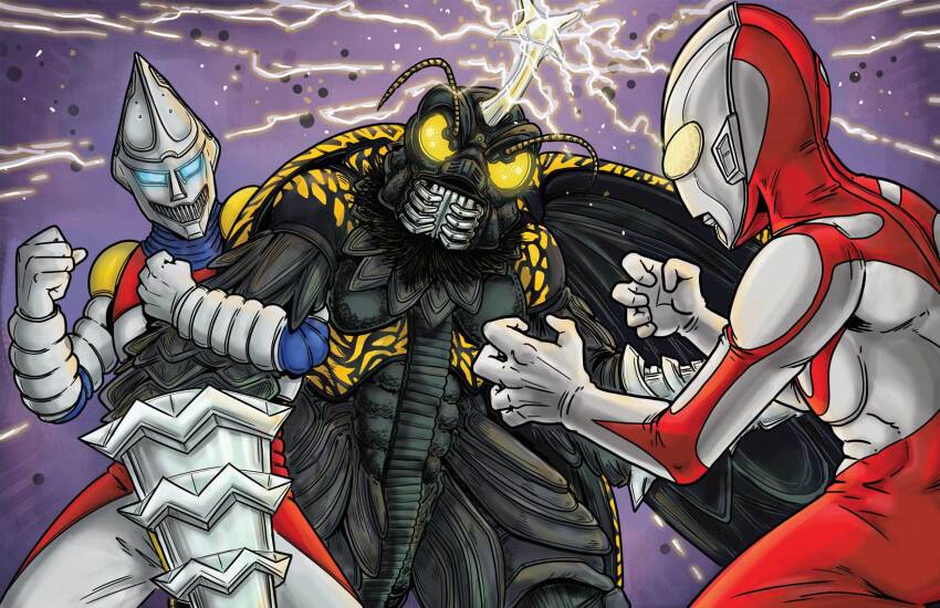 2boys alien antennae black_carapace blue_eyes bug carapace colored_skin commentary commission compound_eyes crossover drill_hand electricity english_commentary fighting_stance gazbot glowing glowing_eyes godzilla_(series) godzilla_vs._megalon_(1973) highres horns humanoid_robot jet_jaguar kaiju mandibles mecha megalon multiple_boys purple_background red_skin robot science_fiction silver_skin single_horn toho tokusatsu trait_connection tsuburaya_productions ultra_series ultraman ultraman_(1st_series) wings yellow_eyes