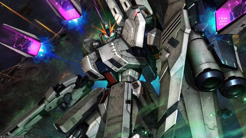 absurdres artist_request asteroid axis_(gundam) battle beam_cannon beam_rifle char&#039;s_counterattack company_name copyright_notice energy energy_beam energy_gun fin_funnels glowing glowing_eyes green_eyes gundam gundam_battle_operation_2 highres holding holding_weapon looking_at_viewer machinery mecha mecha_focus mobile_suit no_humans nu_gundam nu_gundam_hws official_art realistic robot science_fiction solo space sunrise_(company) thrusters v-fin weapon zero_gravity