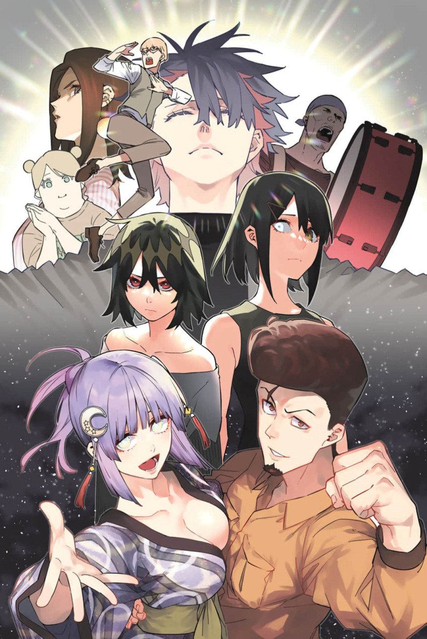 4boys 5girls arm_up bald beard black_hair black_shirt blonde_hair blush brown_hair brown_pants closed_eyes closed_mouth collared_shirt couple disgust drum facial_hair glasses grey_shirt hands_up happy heterochromia hug instrument jacket kiisu_(sentai_dai_shikkaku) long_hair looking_at_viewer looking_to_the_side medium_hair moon_(ornament) multicolored_hair multiple_boys multiple_girls open_mouth orange_eyes orange_shirt pants ponytail purple_eyes red_eyes red_hair runa_(sentai_dai_shikkaku) sazan_juuji sentai_daishikkaku sentouin_xx serious shirt short_hair sleeveless sleeveless_shirt smile tachibana_inko tongue two-tone_hair usukubo_angel usukubo_yakushi very_long_hair white_eyes white_shirt yellow_eyes