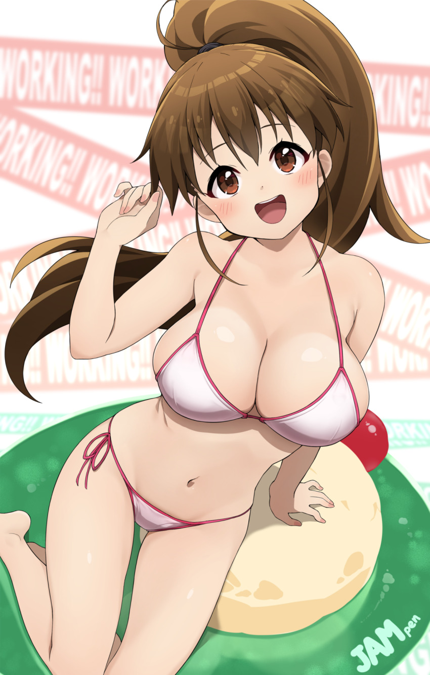 1girl bikini breasts brown_eyes brown_hair cleavage commentary_request copyright_name highres jampen large_breasts long_hair ponytail side-tie_bikini_bottom sitting smile solo swimsuit taneshima_popura white_bikini working!!
