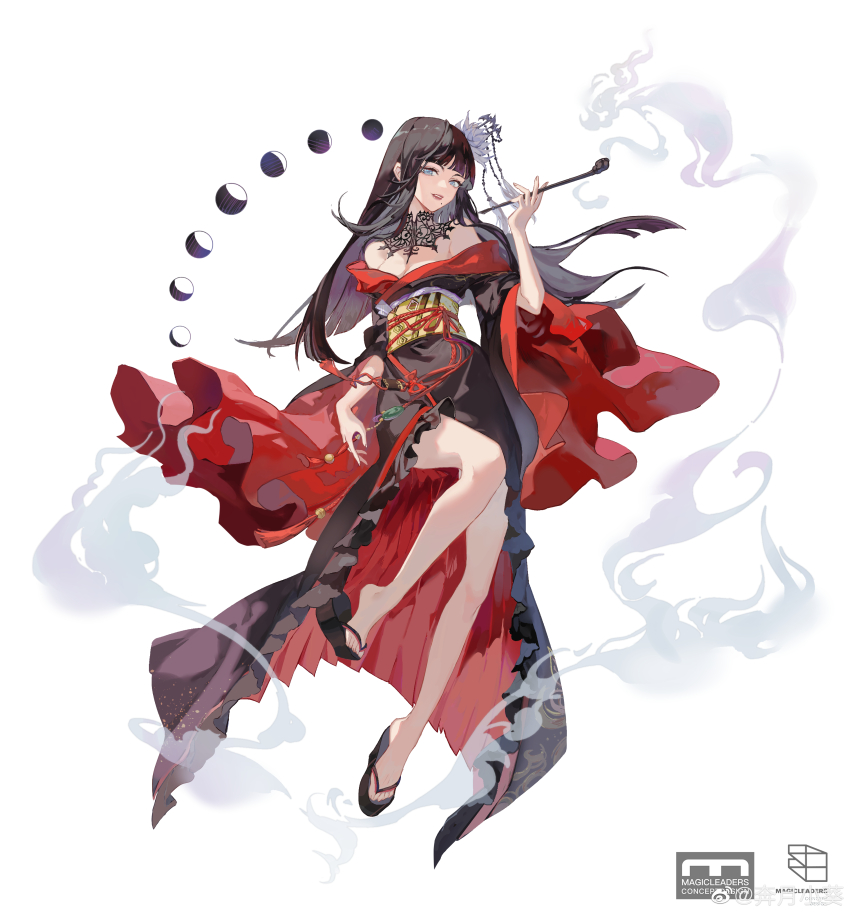 1girl absurdres bare_shoulders benyue_xiao_kui black_collar black_hair black_kimono black_sandals blue_eyes blunt_bangs blunt_ends breasts chinese_commentary cleavage collar commentary_request epiphyllum final_fantasy final_fantasy_xiv floating floating_hair flower full_body hair_flower hair_ornament hair_stick hand_up highres holding holding_smoking_pipe hyur inrou japanese_clothes kimono kiseru knee_up lace_collar long_hair looking_at_viewer medium_breasts mole mole_under_mouth moon_phases obi obiage obijime off_shoulder okobo parted_lips platform_sandals sandals sash simple_background smile smoke smoking_pipe solo tassel two-sided_fabric watermark weibo_watermark white_background wide_sleeves yotsuyu_goe_brutus