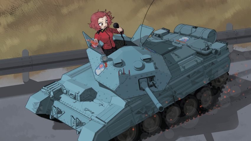 1girl black_skirt brown_eyes crusader_(tank) cup day emblem girls_und_panzer guard_rail highres holding holding_cup holding_radio jacket long_sleeves medium_hair military_uniform military_vehicle motor_vehicle outdoors red_hair red_jacket rosehip_(girls_und_panzer) skirt solo spilling st._gloriana&#039;s_(emblem) st._gloriana&#039;s_military_uniform sweatdrop tank tea teacup uingssi