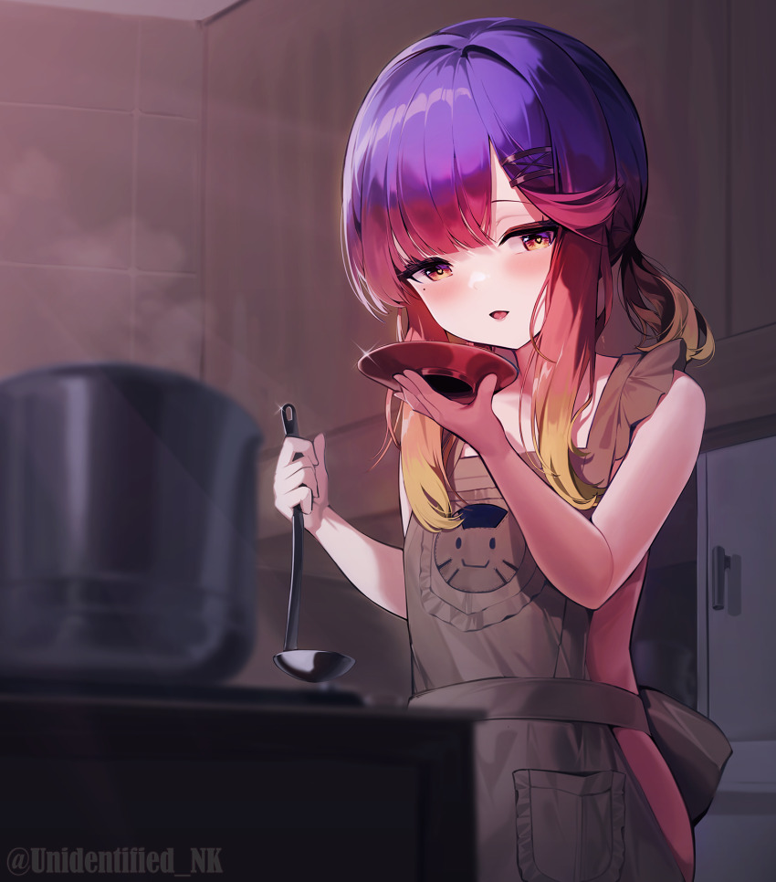 1girl apron blonde_hair blurry blurry_foreground blush brown_apron cabinet commentary_request cooking_pot dress gradient_hair hair_ornament hairclip highres holding holding_ladle holding_plate indoors kantai_collection kitchen ladle long_hair mole mole_under_eye multicolored_hair naked_apron open_mouth plate purple_hair red_hair sidelocks simple_background solo steam tasting_plate tsushima_(kancolle) twitter_username unidentified_nk upper_body white_dress yellow_eyes