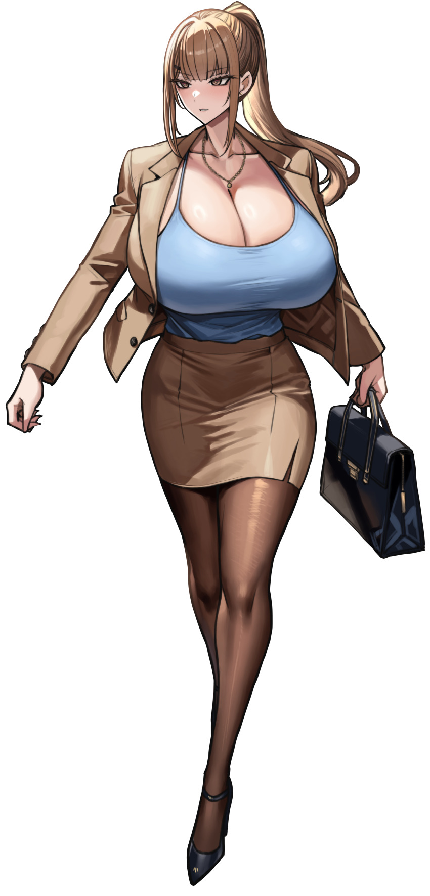 1girl absurdres ankle_strap bag black_bag black_shoes blue_camisole blunt_bangs breasts brown_eyes brown_hair brown_jacket brown_pantyhose brown_skirt business_suit buttons camisole cleavage collarbone commentary_request earrings formal_clothes full_body gigantic_breasts hair_ornament hairclip handbag high_heels high_ponytail highres holding holding_bag jacket jewelry knees legs light_blush long_hair long_sleeves miniskirt mole mole_under_eye necklace office_lady open_clothes open_jacket original pantyhose parted_lips pencil_skirt ponytail shoes sidelighting sidelocks skirt skirt_suit solo strappy_heels suit suit_jacket transparent_background walking wolffeld_price