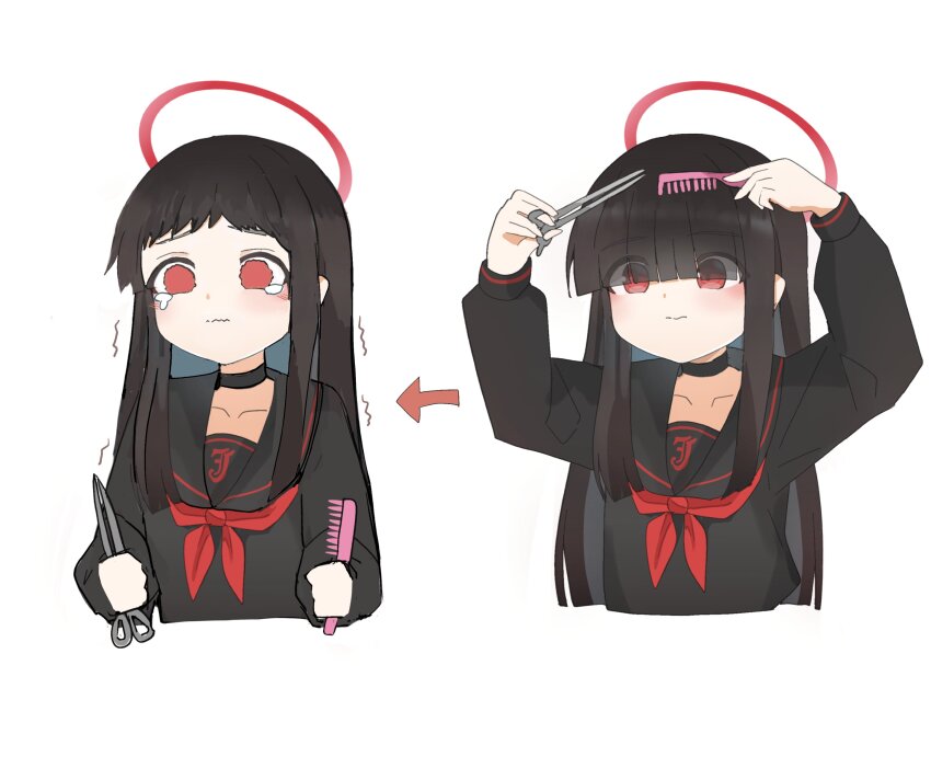 1girl absurdres arrow_(symbol) black_choker black_hair black_shirt blue_archive blunt_bangs choker closed_mouth comb cropped_torso cutting_hair cutting_own_hair eyes_visible_through_hair halo highres holding holding_comb holding_scissors justice_task_force_member_(blue_archive) long_hair long_sleeves neckerchief red_eyes red_halo red_neckerchief scissors shirt simple_background tearing_up unli_free white_background