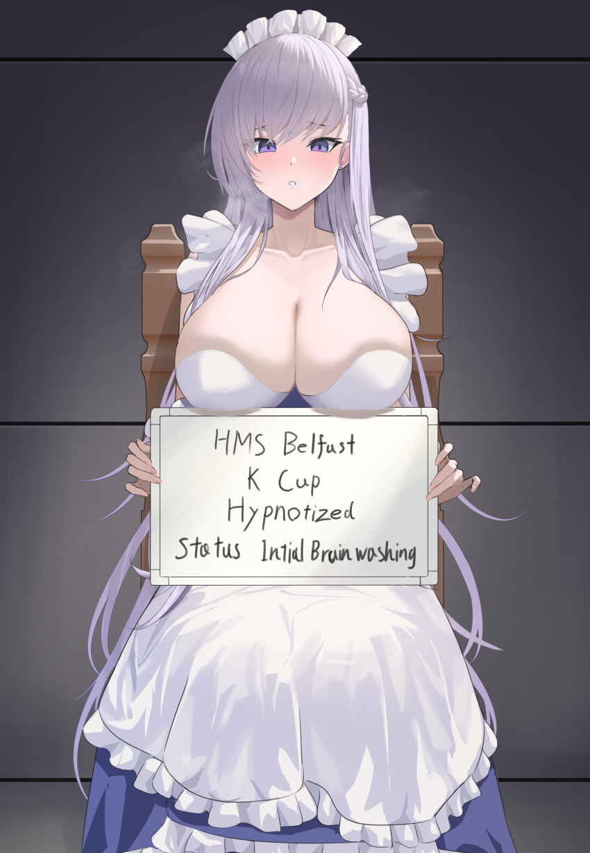 1girl absurdres apron azur_lane belfast_(azur_lane) blush breasts chair character_name cleavage commission dress english_text frilled_apron frills highres holding holding_sign huge_breasts indoors lom_(lom_lom_8) long_hair looking_at_viewer maid_apron maid_headdress purple_dress purple_eyes purple_hair sign sitting skeb_commission solo very_long_hair white_apron white_hair