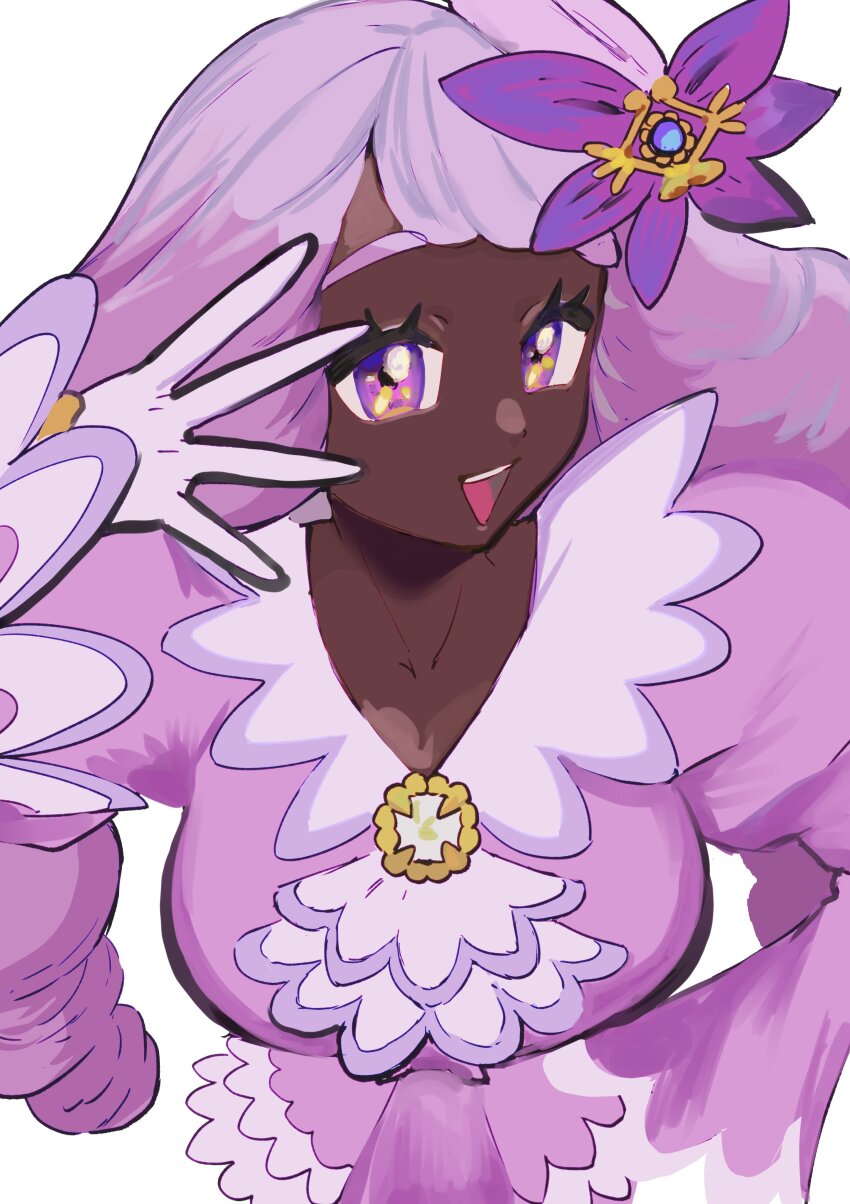 1girl absurdres ascot breasts brooch dark-skinned_female dark_skin dress fascinator frilled_ascot frills from_above gloves hair_ornament hand_up highres jacinthe_(pokemon) jewelry juliet_sleeves long_hair long_sleeves looking_at_viewer low_drills nintendo open_mouth pokemon pokemon_legends:_z-a puffy_sleeves purple_dress purple_eyes purple_hair smile solo teeth ukyu_(komarukoune) upper_body upper_teeth_only very_dark_skin