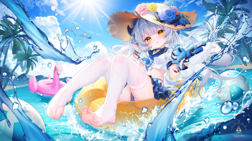 1girl :q absurdres afloat ball beachball bead_bracelet beads black_horns black_skirt blue_bow blue_choker blue_flower blue_hair blue_neckerchief blue_panties blue_ribbon blue_sailor_collar blue_sky blush bow bow_skirt bracelet breasts brown_hat chinese_commentary choker closed_mouth commentary_request commission crop_top feet floating_hair flower full_body gradient_hair hat hat_flower hat_ribbon highres holding holding_water_gun horns indie_virtual_youtuber innertube jewelry long_hair miniskirt multicolored_hair neckerchief no_shoes o-ring o-ring_choker outdoors palm_tree panties panty_straps pantyshot pink_flower plump pointy_ears ribbon sailor_collar sailor_shirt shirt short_sleeves sidelocks skindentation skirt sky small_breasts smile solo stirrup_legwear straw_hat suaynnai_wanzi swim_ring tastti thighhighs toeless_legwear toes tongue tongue_out tree two-tone_hair underboob underwear upskirt very_long_hair virtual_youtuber water_gun white_hair white_shirt white_thighhighs yellow_eyes yellow_flower
