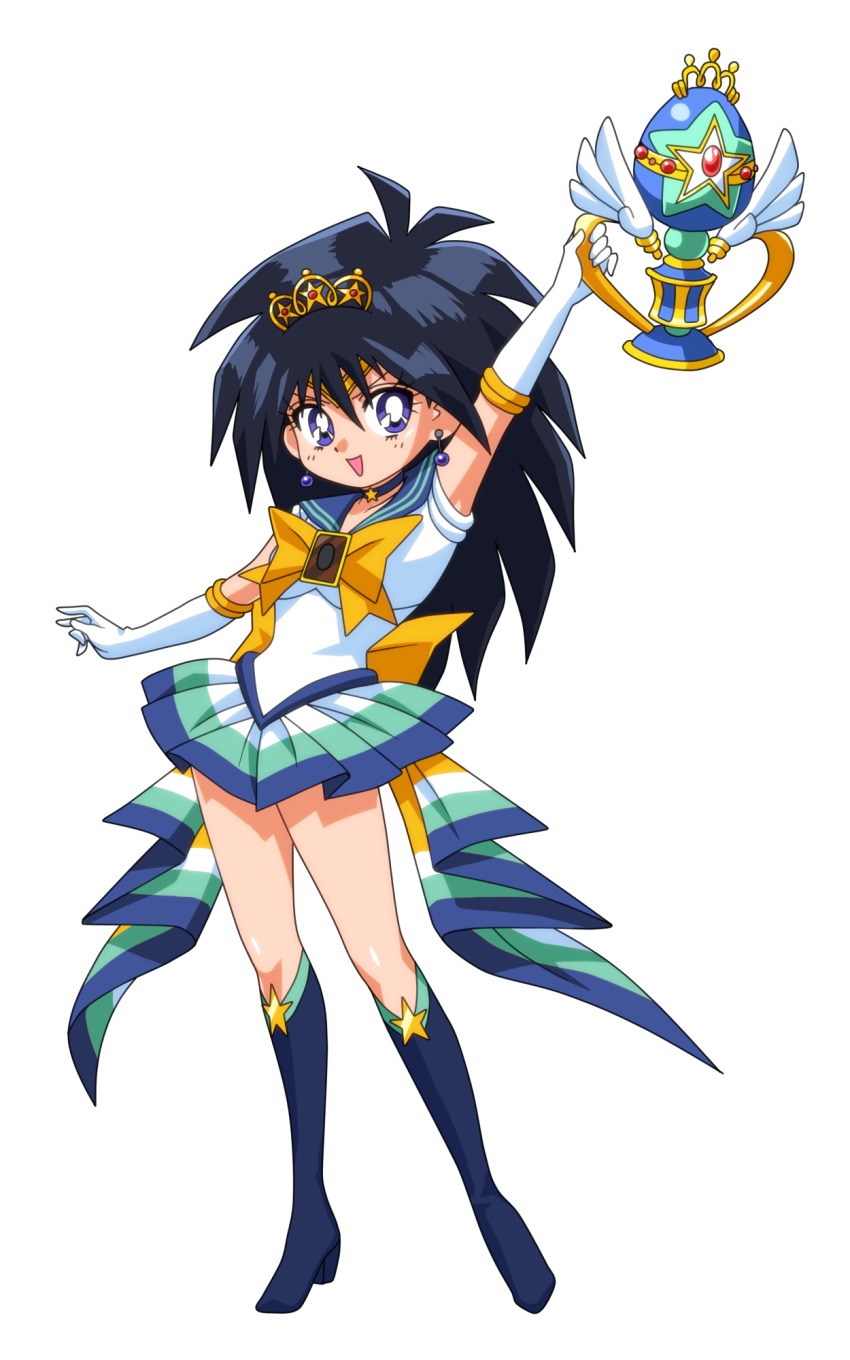 1girl bishoujo_senshi_sailor_moon black_hair blue_boots boots card choker circlet cosplay earrings elbow_gloves female_focus full_body genderswap genderswap_(mtf) gloves high_heel_boots high_heels highres holding jewelry kaiba_mokuba knee_boots open_mouth parody pleated_skirt purple_eyes rei_(islaya) ribbon sailor_senshi sailor_senshi_(cosplay) skirt smile solo star_(symbol) striped_ribbon tiara unofficial_sailor_senshi_uniform white_gloves yu-gi-oh!
